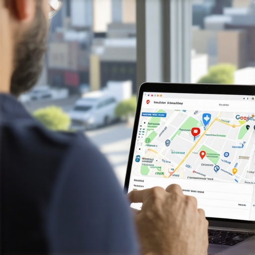 Business owner reviewing Google Maps analytics against Newark cityscape.