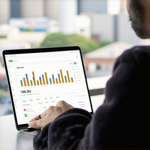 Person reviewing Newark local SEO analytics on laptop with cityscape