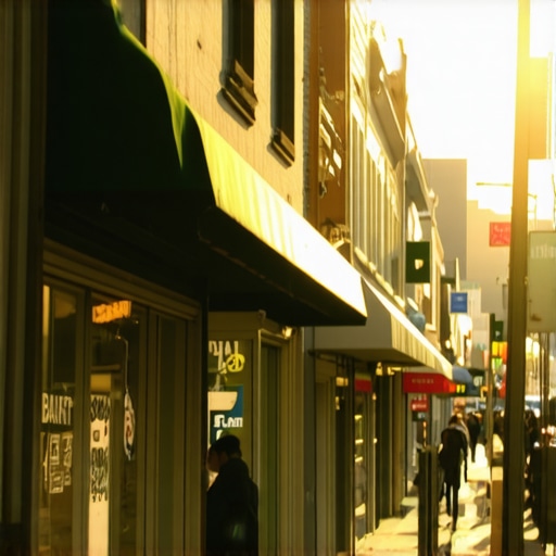 A bustling Newark street with storefronts and community banners