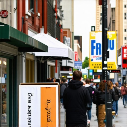 A vibrant Newark street with storefront and local banners