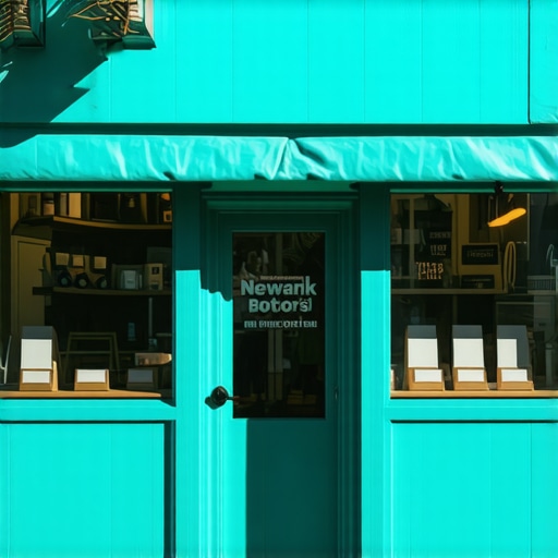 Newark Business SEO Success A busy Newark storefront with digital marketing icons overlayed