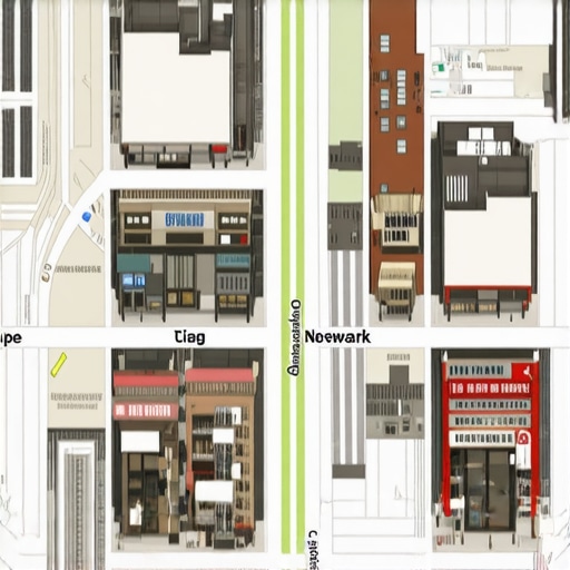 Newark cityscape with local business storefronts and Google Maps interface