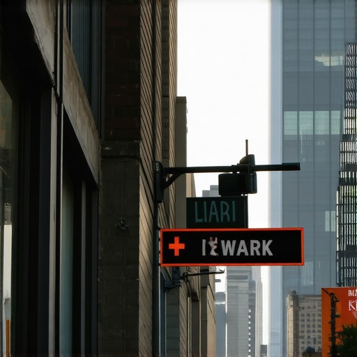 Newark cityscape with prominent local business signs