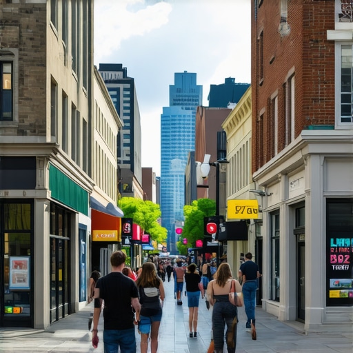 A vibrant Newark cityscape showing local storefronts and community gathering