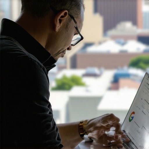 Person optimizing GMB profile with Newark cityscape background