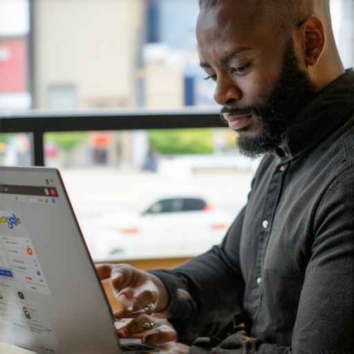 Business owner updating Google My Business profile on a laptop in Newark
