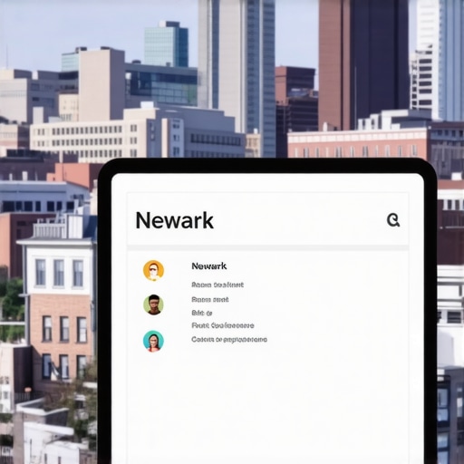 Business owner editing Google My Business profile with Newark cityscape in background