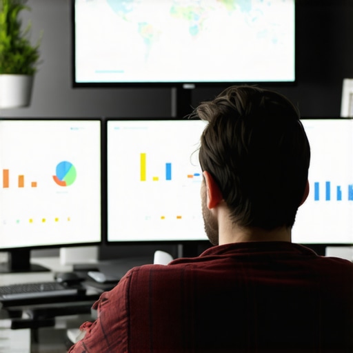 Person working on SEO analytics with maps and data charts in an office