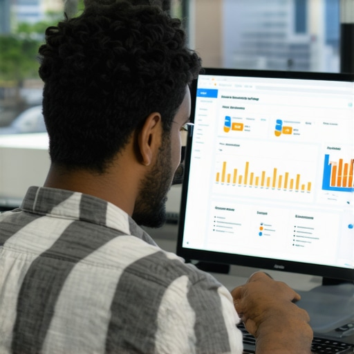 A person reviewing SEO analytics on a laptop with Newark city skyline behind.