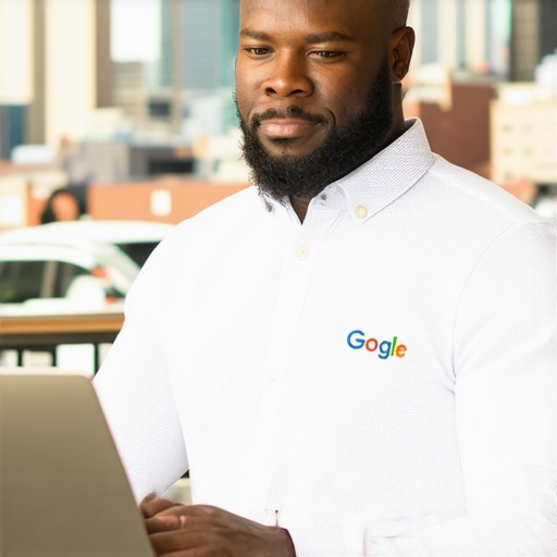 Business owner updating Google My Business profile with Newark city in the background.