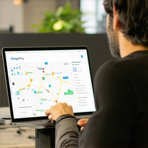 Business owner updating Google My Business profile on a laptop inside a Newark store