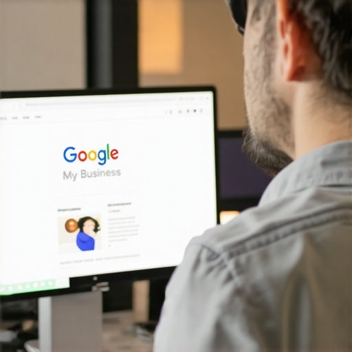 Business owner optimizing Google My Business profile on laptop.
