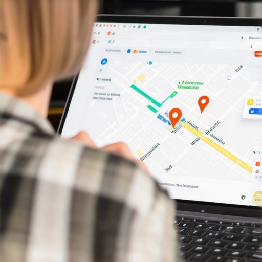 Business owner editing Google My Business profile on laptop with Google Maps on screen.