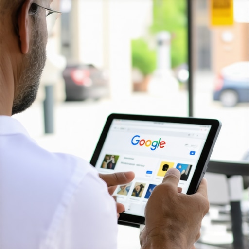 Optimizing Your Newark GMB Profile Shop owner updating Google My Business profile on tablet with Newark cityscape in background.
