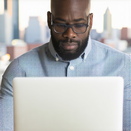 Analyzing Local SEO Data in Newark Business owner reviewing Newark local SEO analytics on laptop.