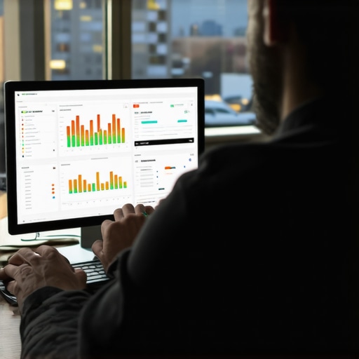 Analyzing SEO Data for Newark Business Digital marketer reviewing local SEO analytics on multiple screens with Newark cityscape in background.