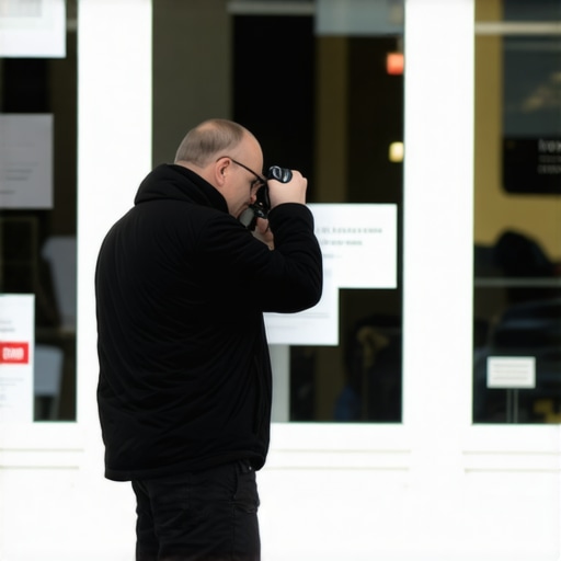 A business owner capturing a storefront photo in Newark during daytime.