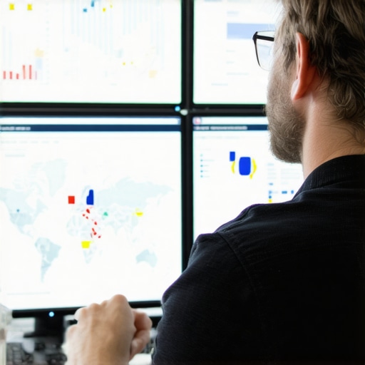A technician reviewing maps optimization and local rankings on multiple monitors in an office.