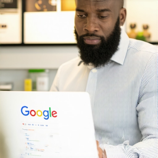 Optimizing GMB Profile in Newark Business owner updating Google My Business profile on laptop in Newark store.