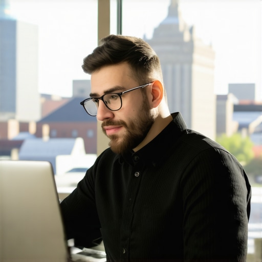 Business owner editing Google My Business profile on laptop with Newark skyline behind.