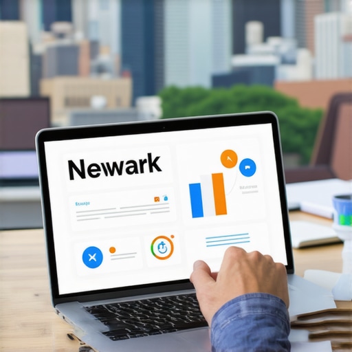 Business owner analyzing SEO data on a laptop with Newark skyline