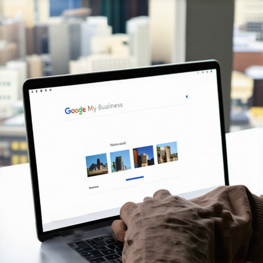 Person updating Newark business profile on laptop with cityscape backdrop.