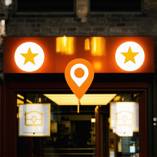 Close-up of Newark storefront with SEO icons and google maps overlays.