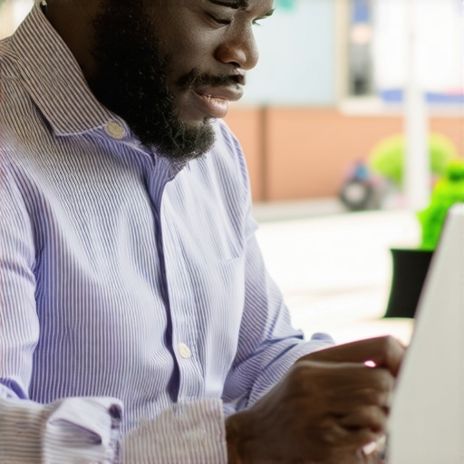 Business owner updating Newark GMB profile on computer with city view