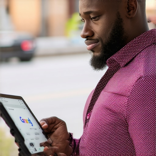 Small business owner editing Google My Business profile with Newark landmarks in background.