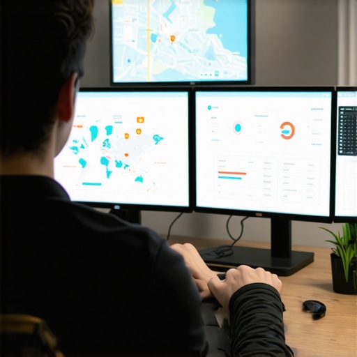 Local SEO Monitoring in Newark A marketer reviewing Newark local SEO analytics on multiple monitors