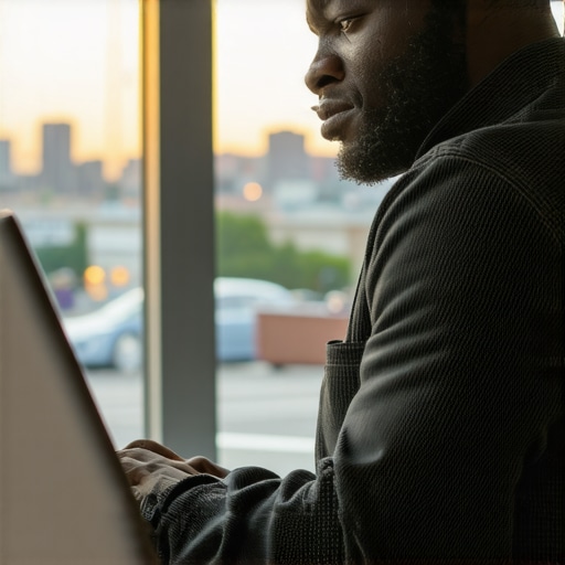 Business owner reviewing SEO metrics with Newark cityscape behind