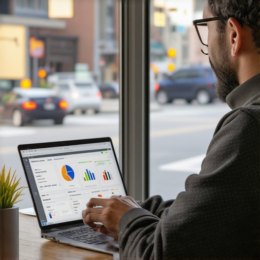 Small Newark business owner reviewing SEO metrics with cityscape backdrop.